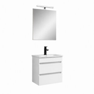 Cube Fürdőszobabútor 60 cm kerámia mosdóval (2 fiókos) tükörrel 60x80 cm magasfényű festett fehér