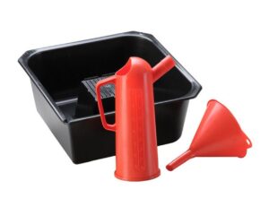 HÜNERSDORFF olajcsere készlet, 3 részes: olajleeresztő tálca, tölcsér 140 mm, olajmérő edény 1000 ml, univerzális (robogó, motorkerékpár, moped, quad,