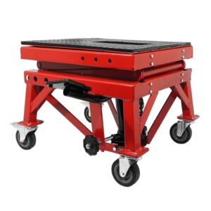 P2R (Motorisé) P2R motorkerékpár emelőállvány – hidraulikus munkahengerrel, kerekeken, magasság: min. 100 mm, max. 380 mm, piros acél