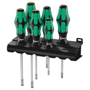 WERA 334-6 Kraftform csavarhúzó készlet (kereszt és lapos, 6 darabos, fekete-zöld tartóval, német márka, műhelyekhez)